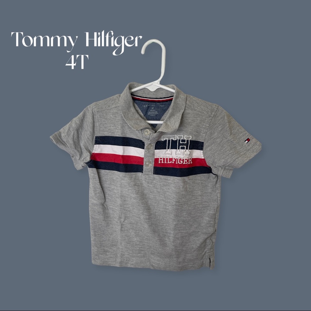 TH kids grey blue and red polo